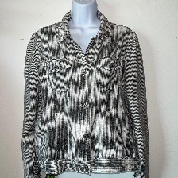 ✨ EUC JONES & CO Gray & White Striped Linen Jacket | Women’s Sz M - Picture 1 of 8